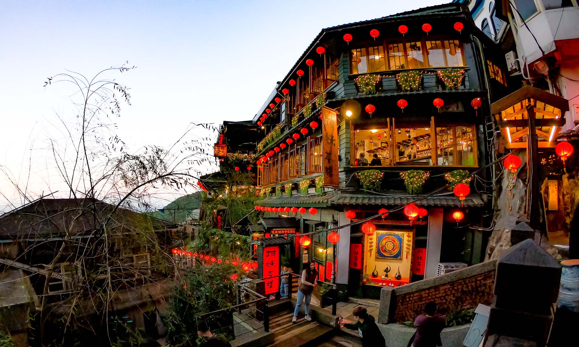 A view of A-Mei Tea House's colorful exterior.