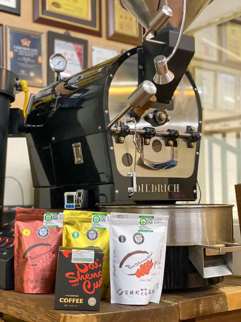 An imported Diedrich roaster at Baishengcun Coffee Farm. 