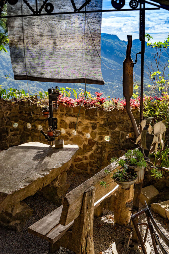 Homemade decorations and rustic mountain views.