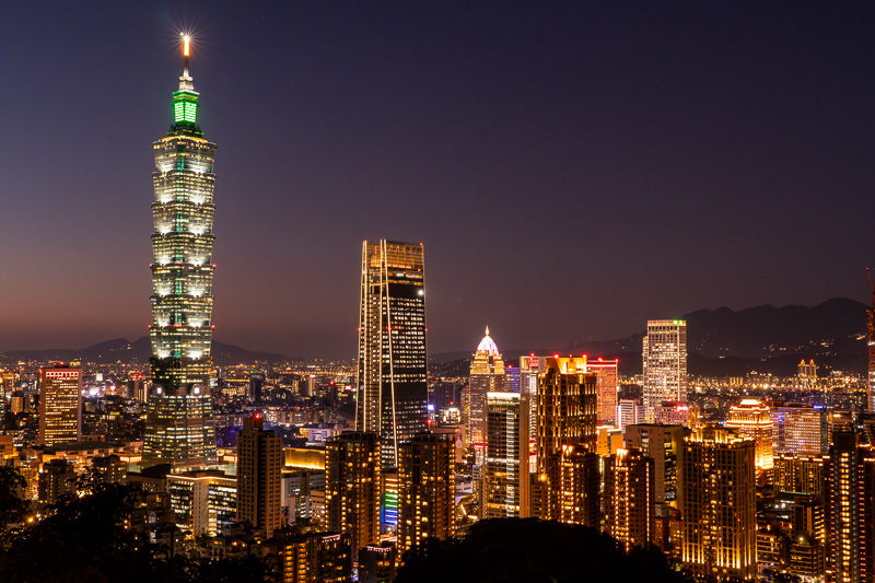 A night view of the Taipei skyline featuring Taipei 101; shot from Elephant Mountain.