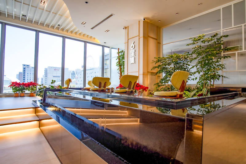 The lobby of Six Star Spa Center is a bright and open design.