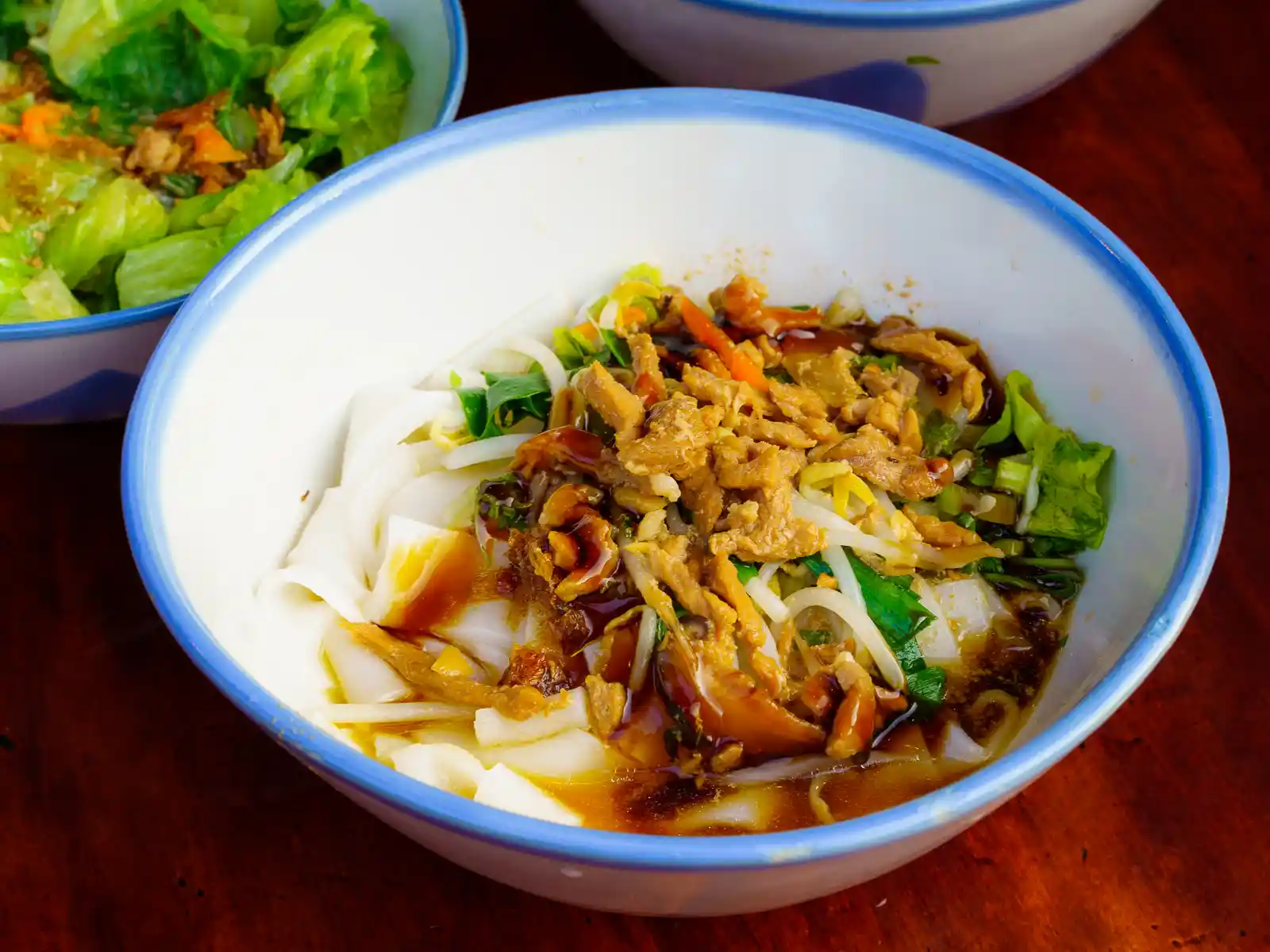 A photo of a bowl of Hakka flat rice noodles.