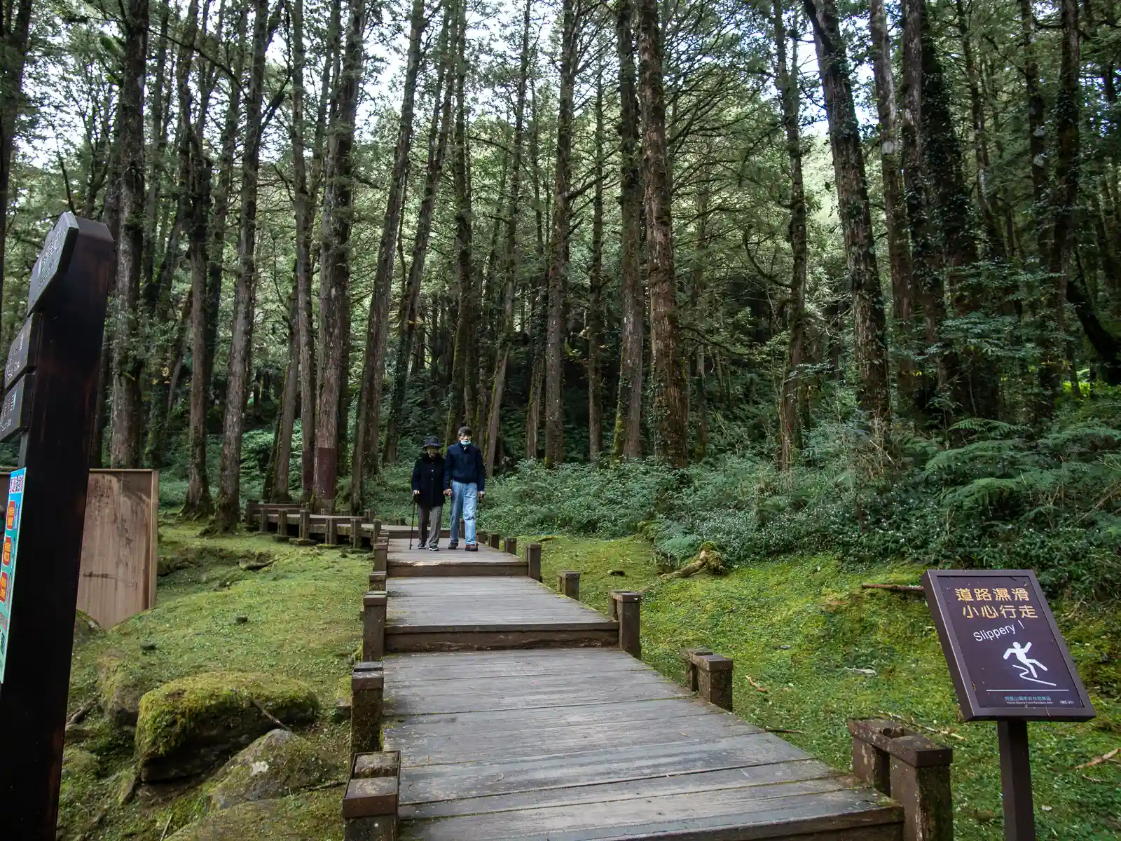 A senior couple walks along a wooden boardwalk in the recreation area.