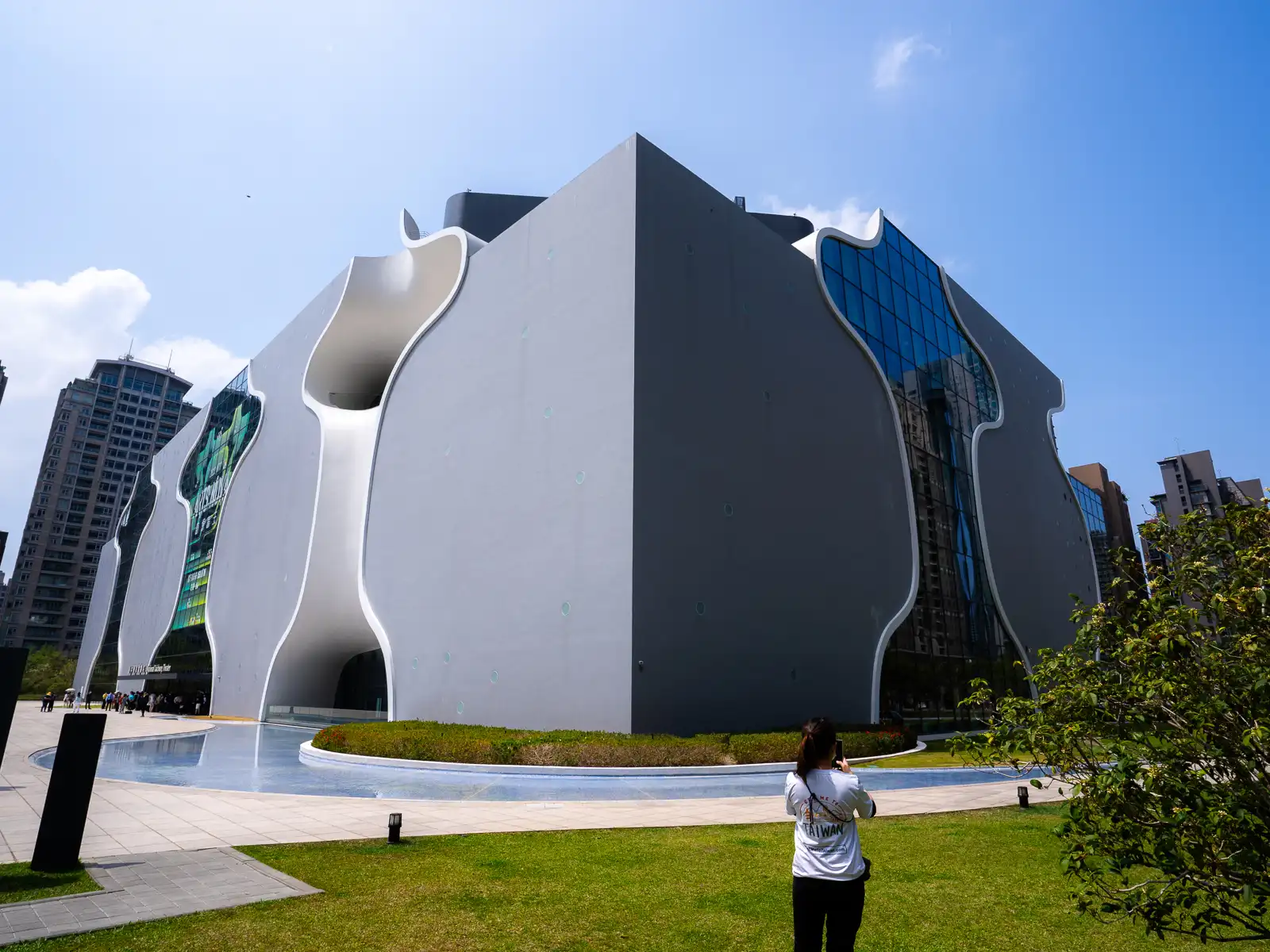 Viewed from one of its corners, the National Taichung Theater appears as a giant rectangular structure.