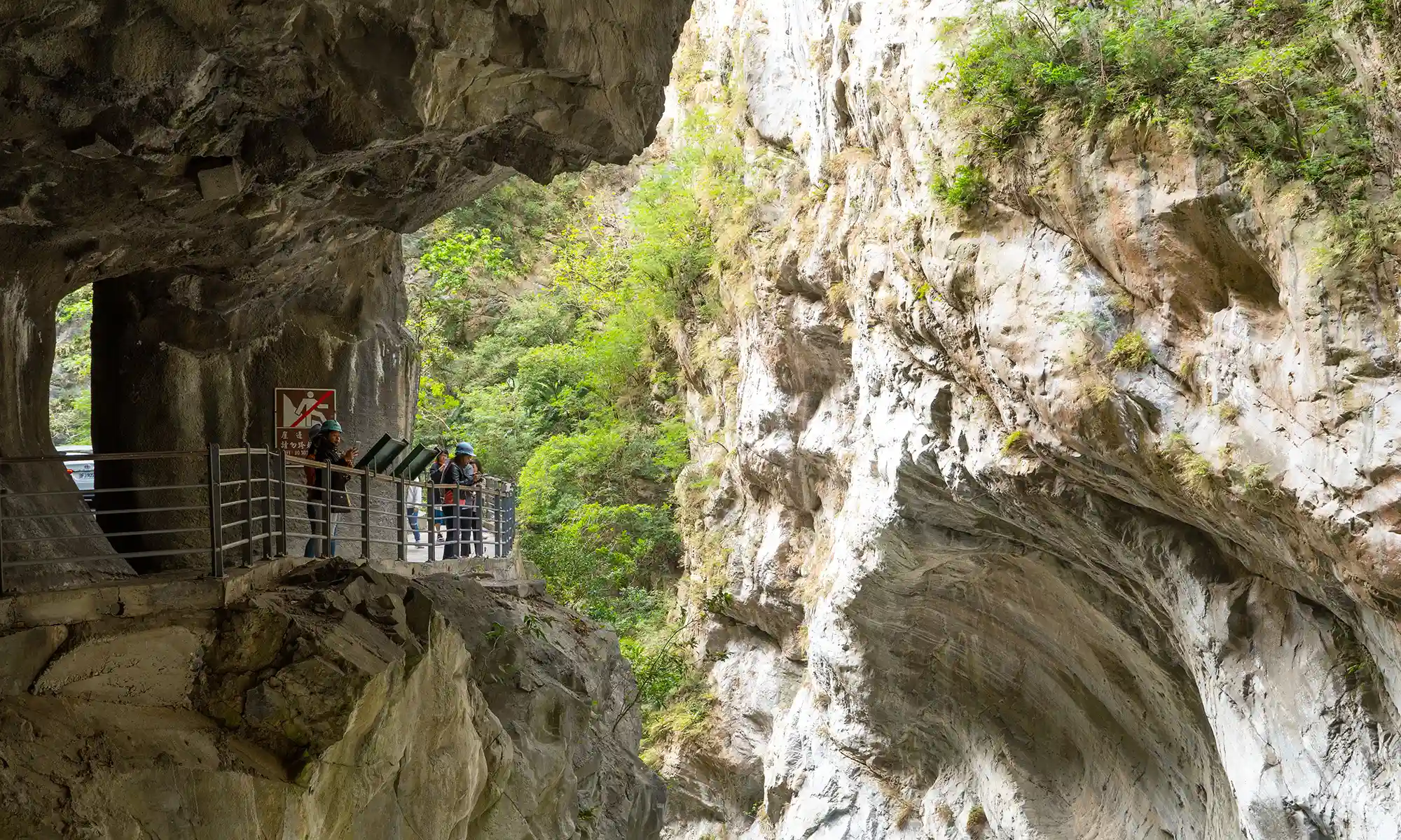 A section of the Swallow Grotto Trail emerges from a tunnel in between two cliffs.