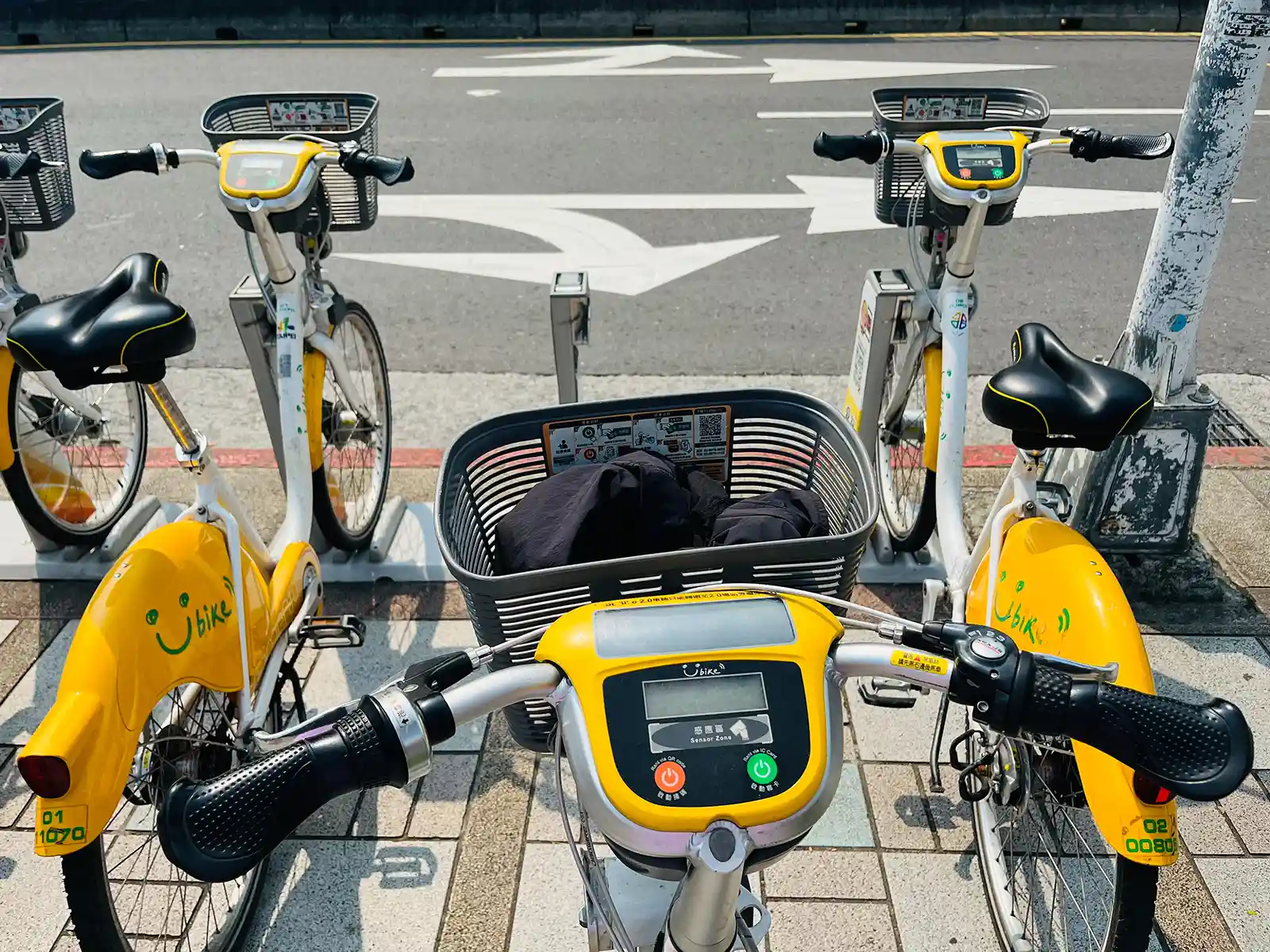 Close-up view of a docking station for a public bike-sharing system.