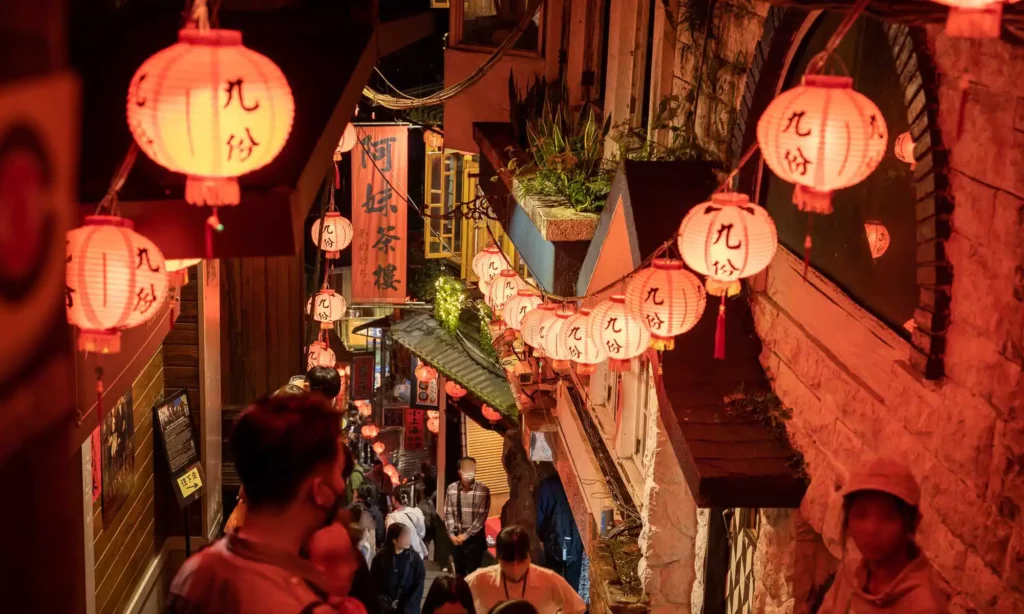 Jiufen Shuqi Road has many lighten up lanterns for decoration.