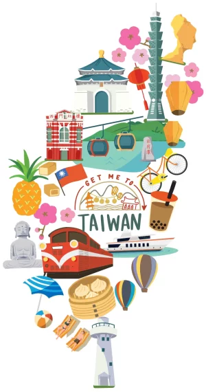 A Taiwan map with tourist attractions.